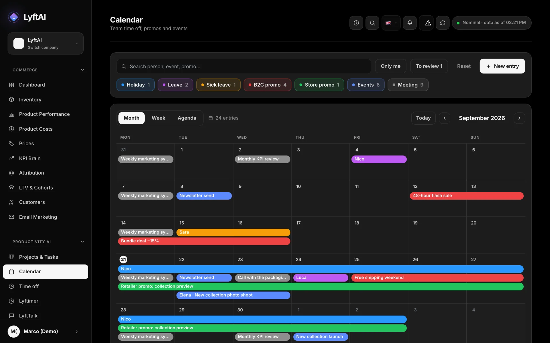 Calendar and time off — Promos, meetings and the team’s time off in a single calendar, with the requests waiting for approval.
