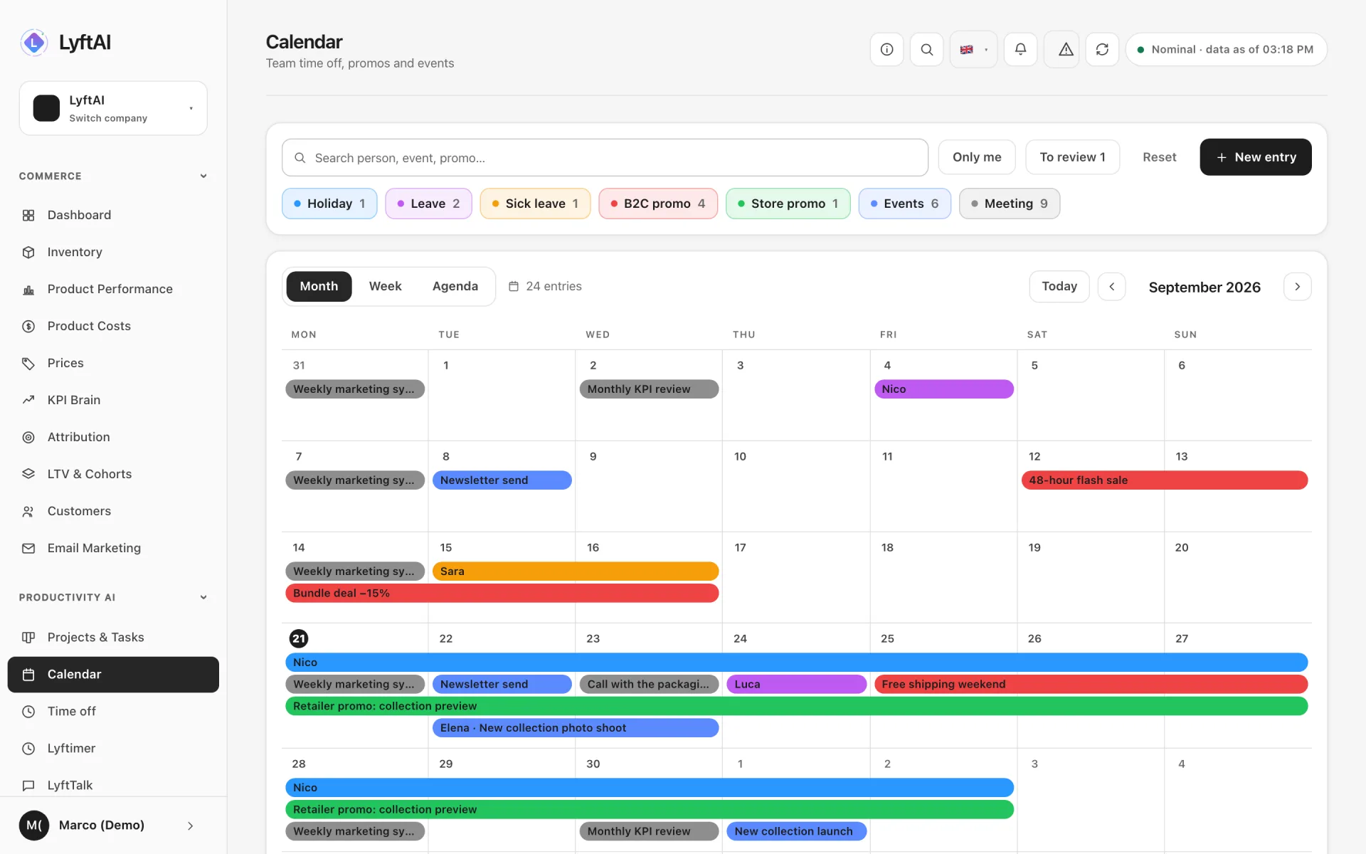 Calendar and time off — Promos, meetings and the team’s time off in a single calendar, with the requests waiting for approval.