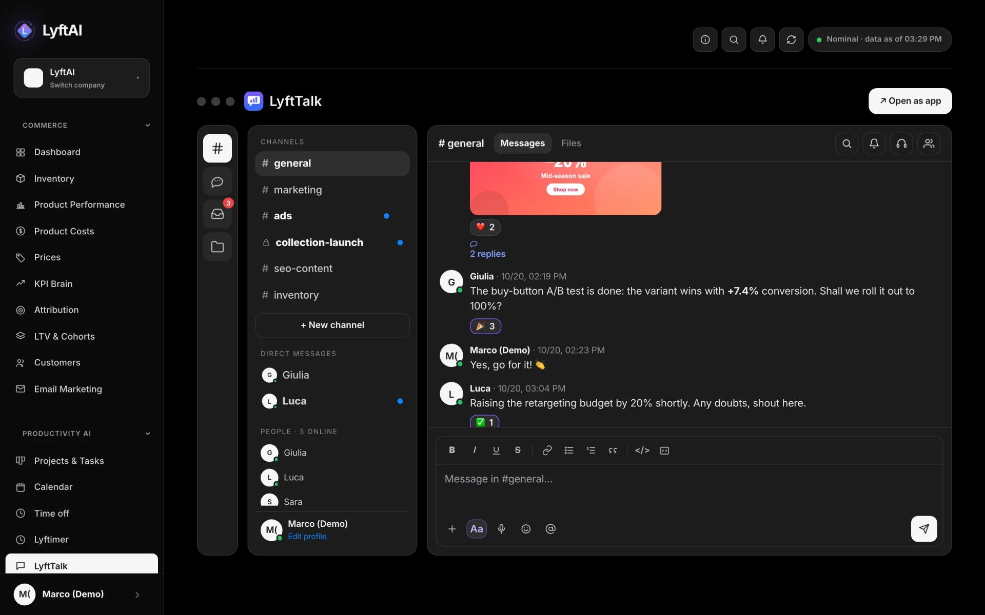 LyftTalk — Channels, direct messages, reactions and files: the team chat, with your store’s numbers close at hand.