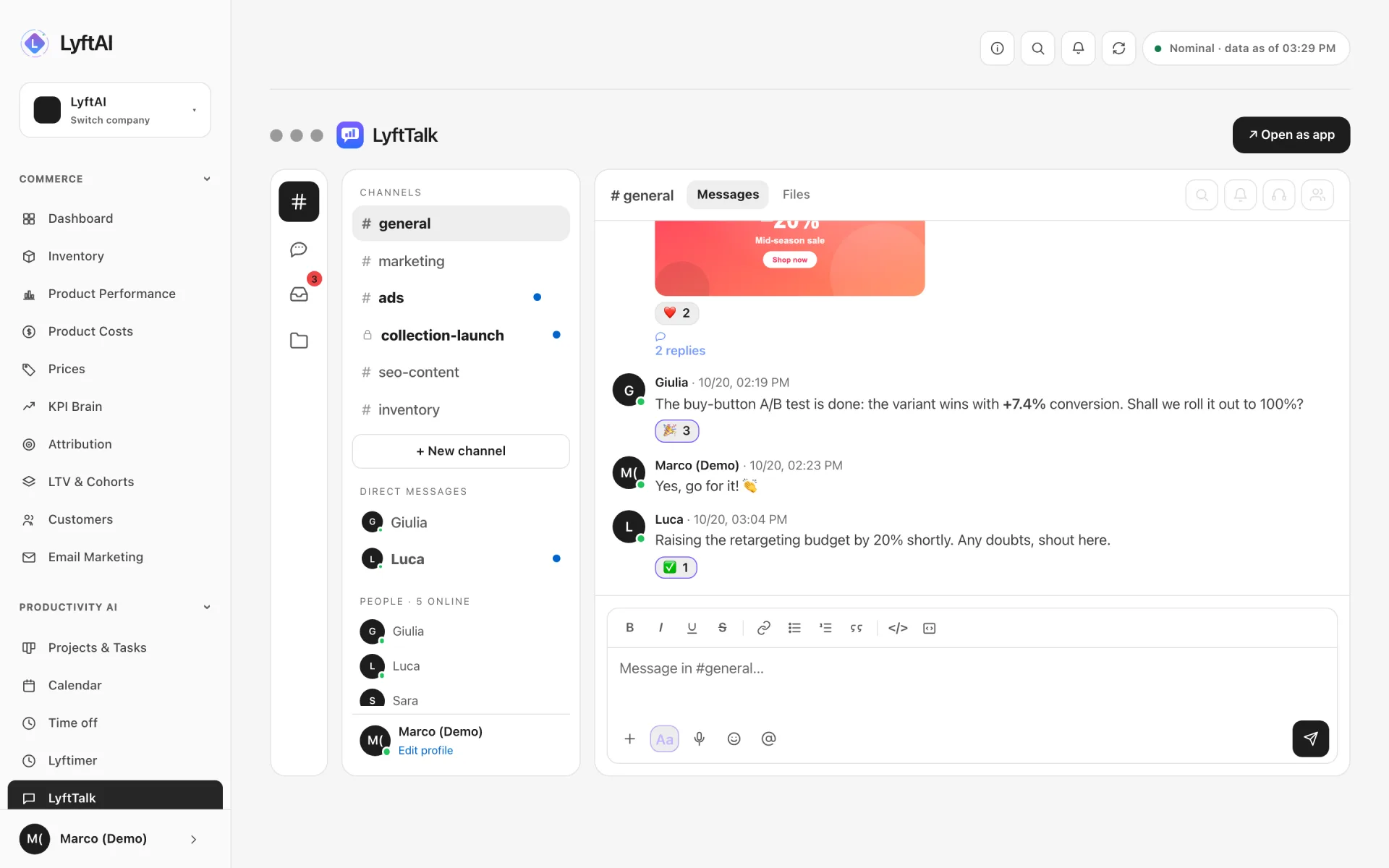 LyftTalk — Channels, direct messages, reactions and files: the team chat, with your store’s numbers close at hand.