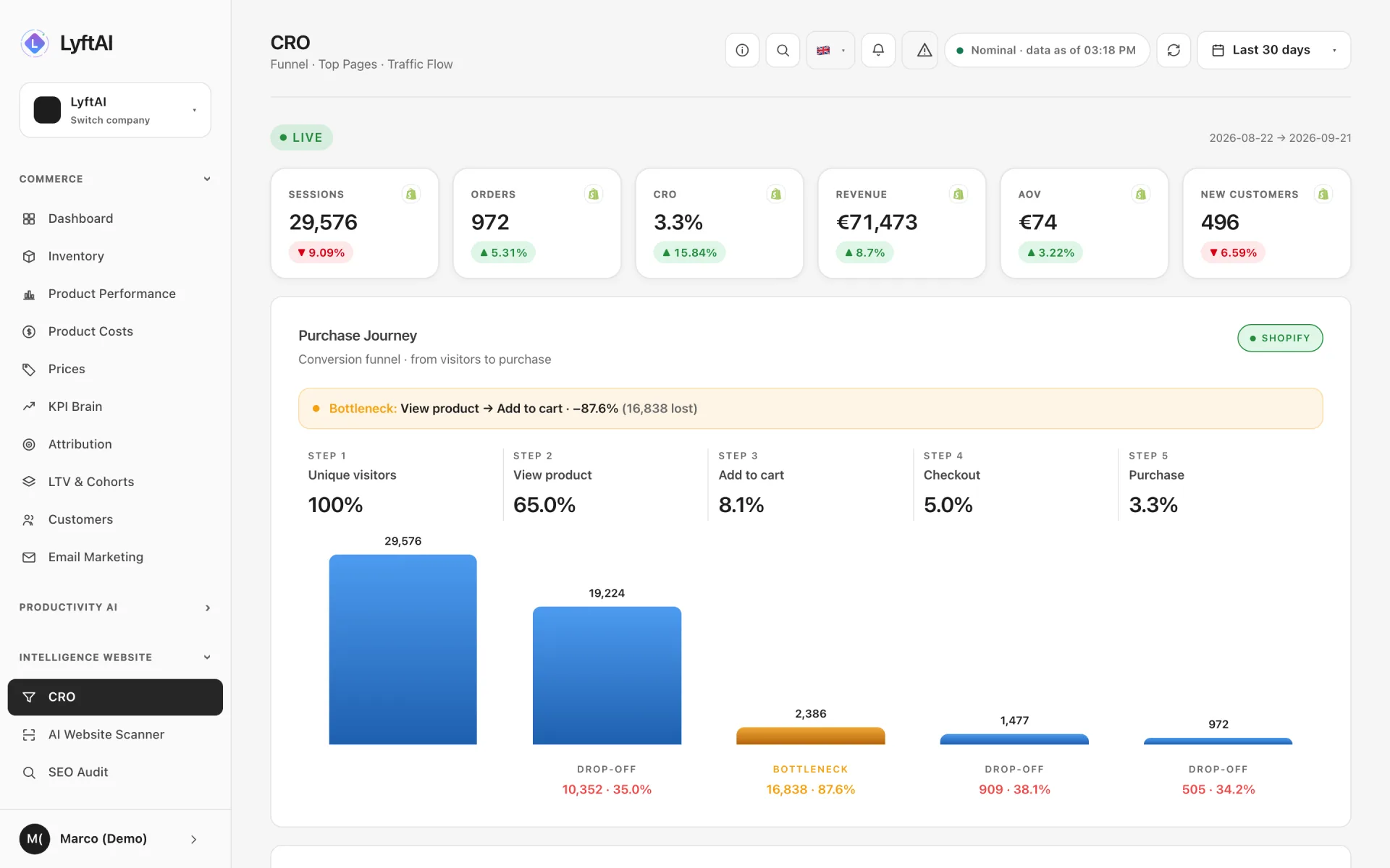 CRO: the purchase path from visitors to order, with the step that loses the most