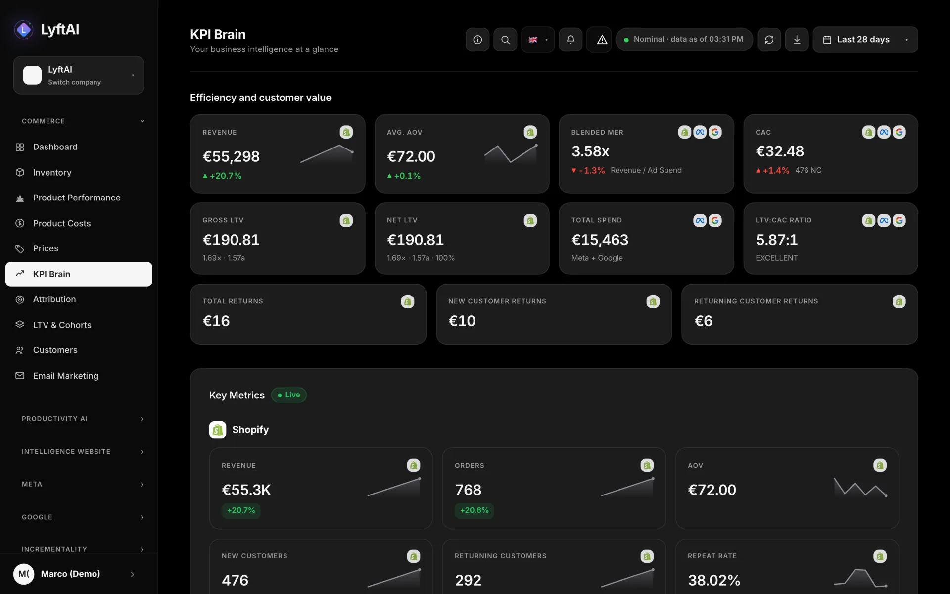 KPI Brain: revenue, MER, cost per customer, total spend and LTV, with the source of every number