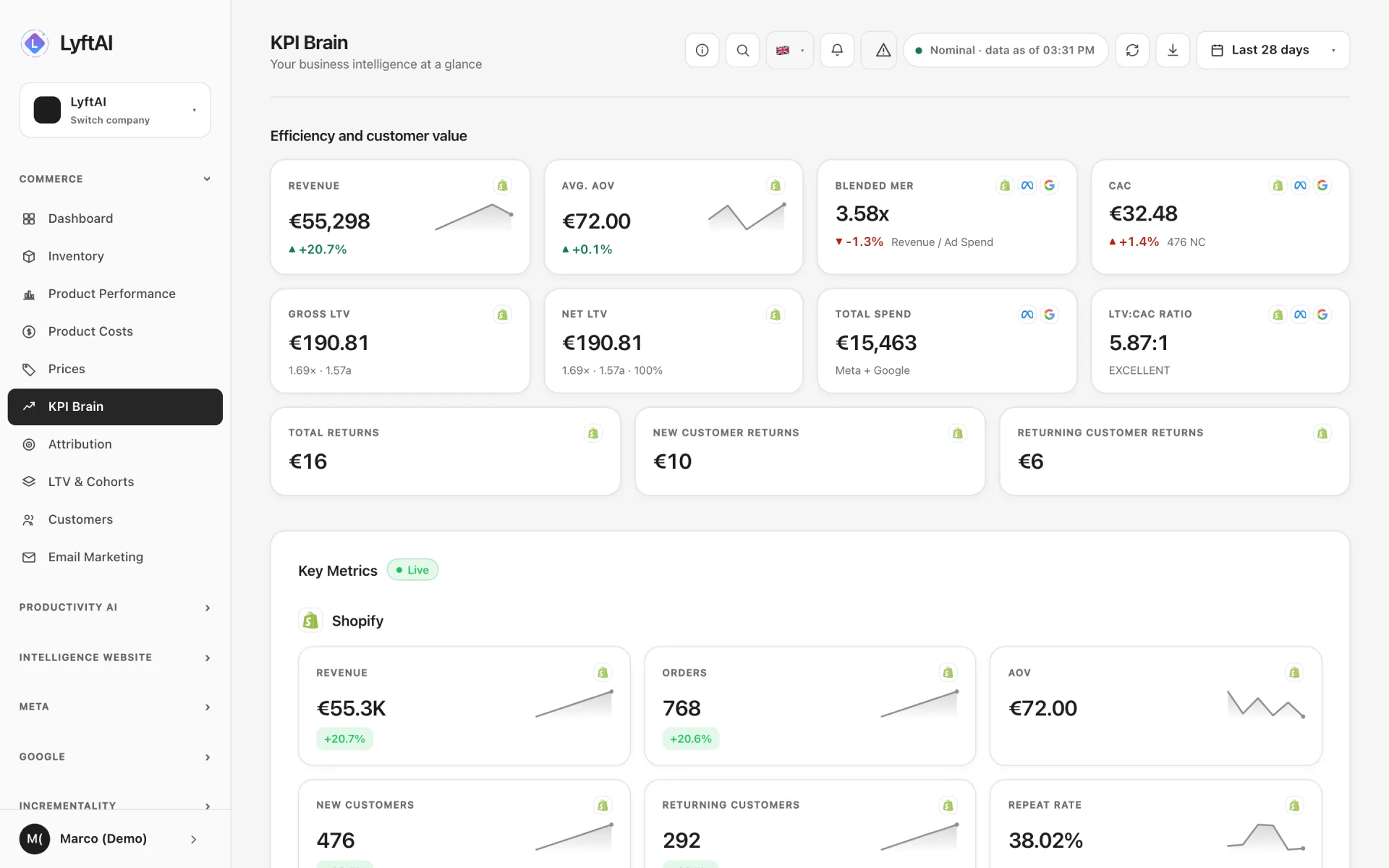 KPI Brain: revenue, MER, cost per customer, total spend and LTV, with the source of every number