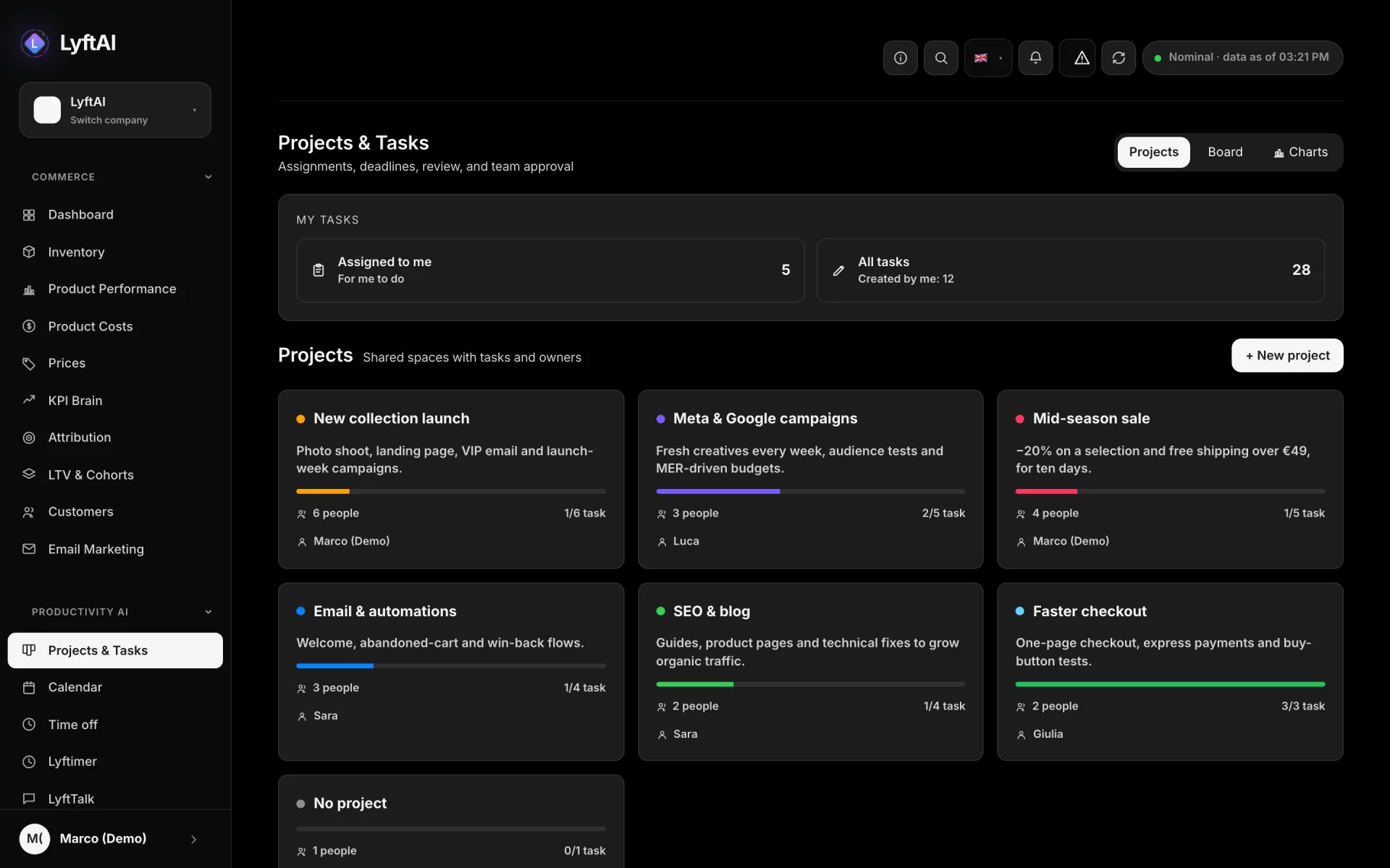 Projects and tasks — Assign, set a deadline, approve. List, board and charts for every project.