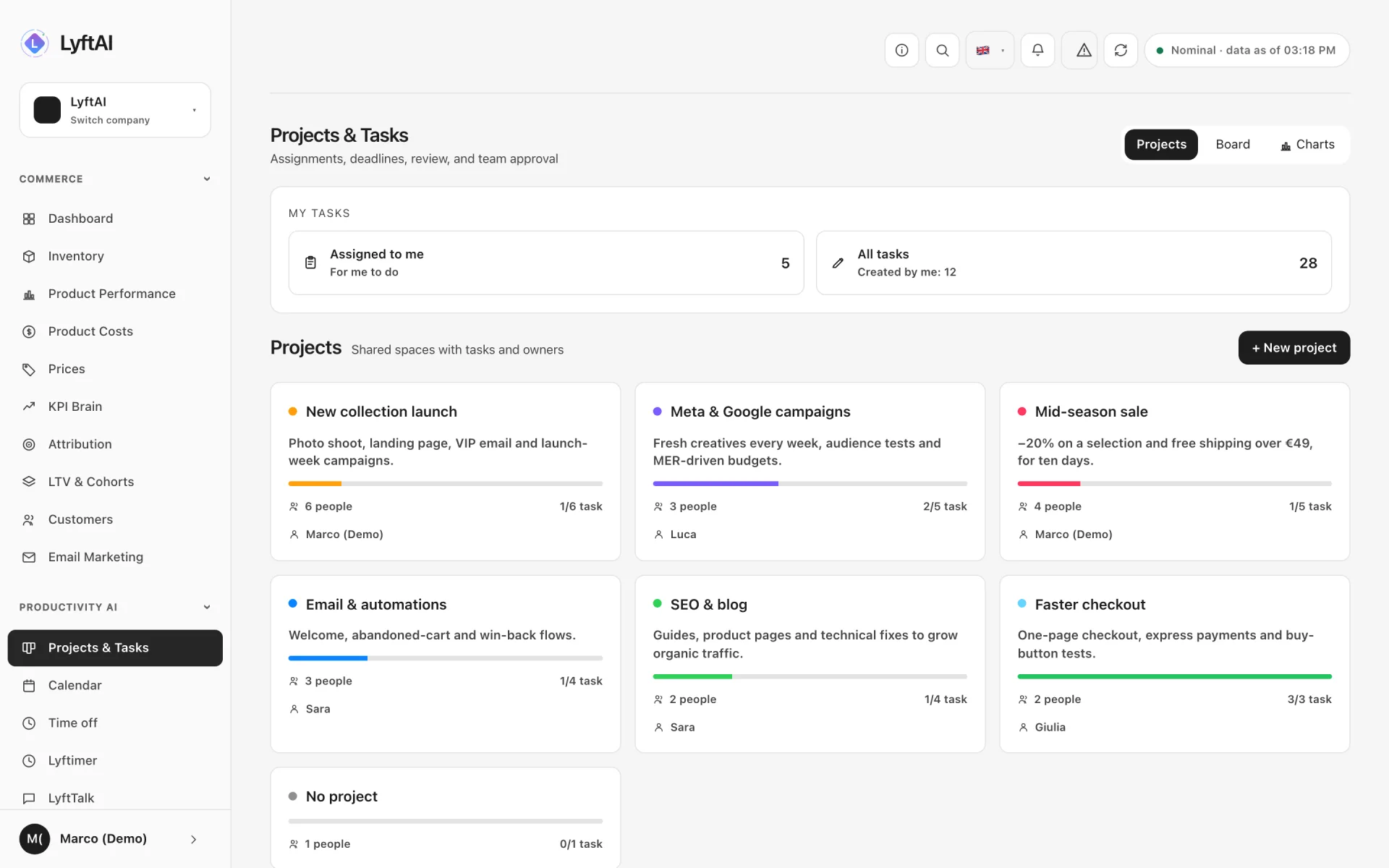 Projects and tasks — Assign, set a deadline, approve. List, board and charts for every project.