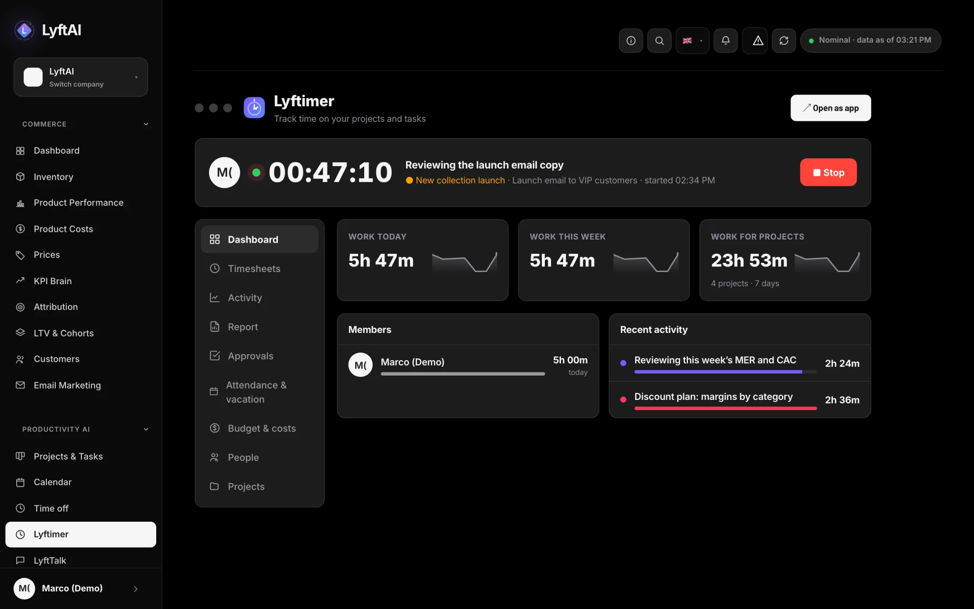 Lyftimer — Hours worked per person and per project, with timesheets, approvals and reports.