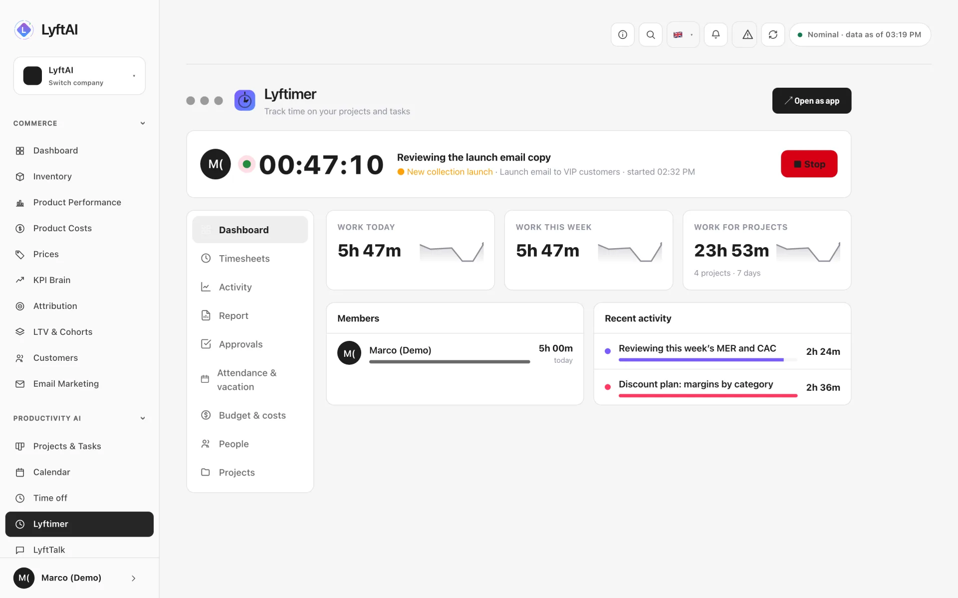 Lyftimer — Hours worked per person and per project, with timesheets, approvals and reports.