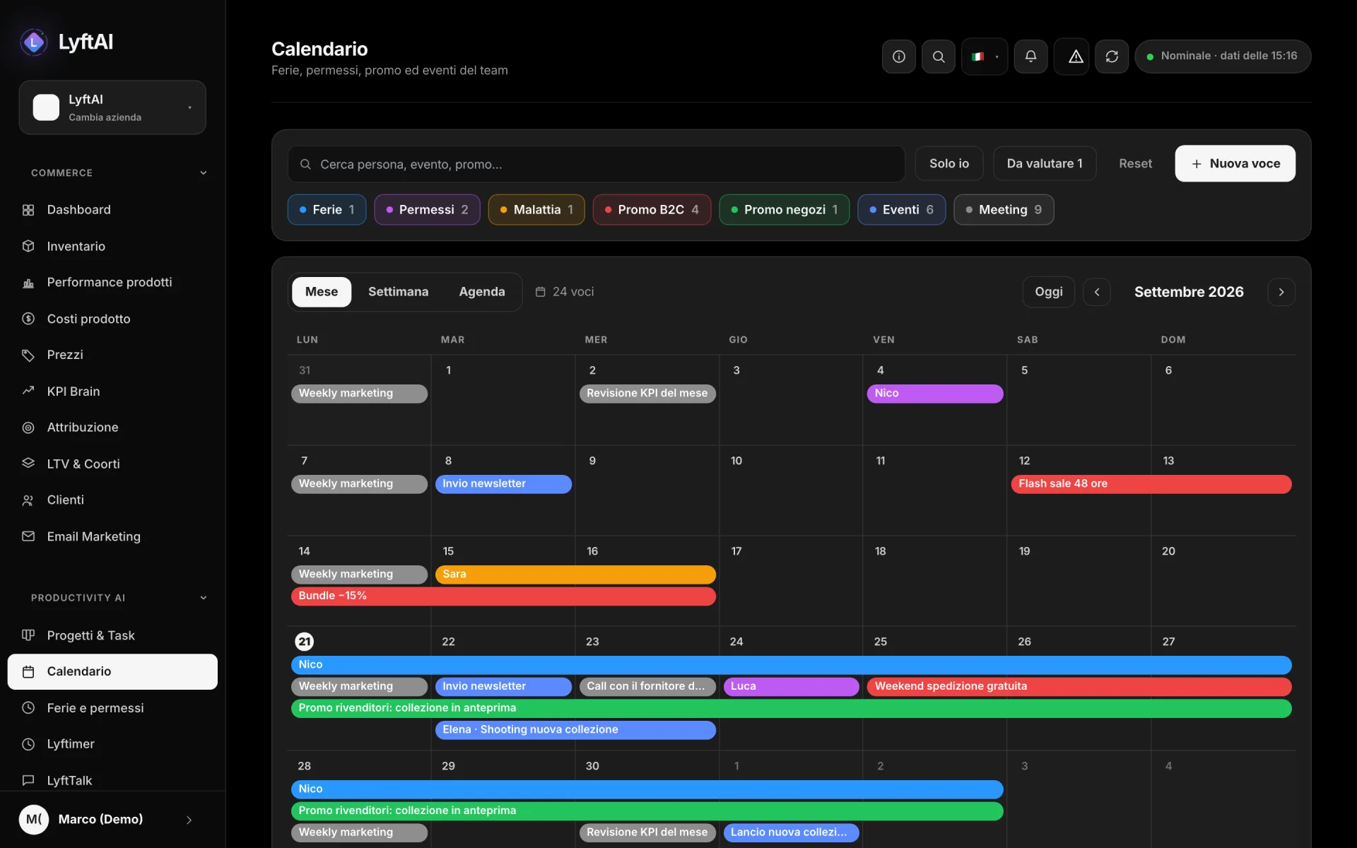 Calendario e ferie — Promo, riunioni, ferie e permessi del team in un calendario solo, con le richieste da approvare.