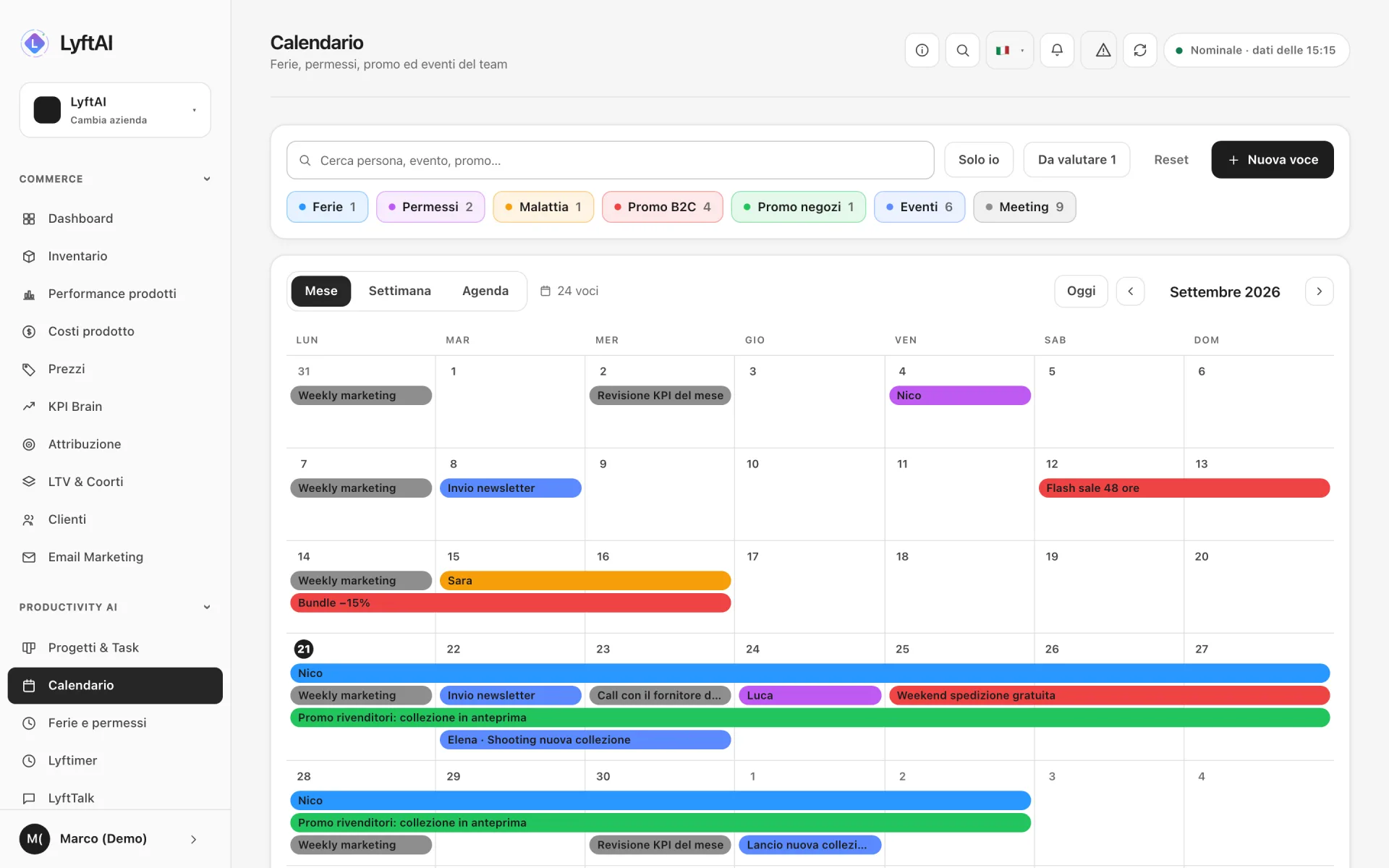 Calendario e ferie — Promo, riunioni, ferie e permessi del team in un calendario solo, con le richieste da approvare.