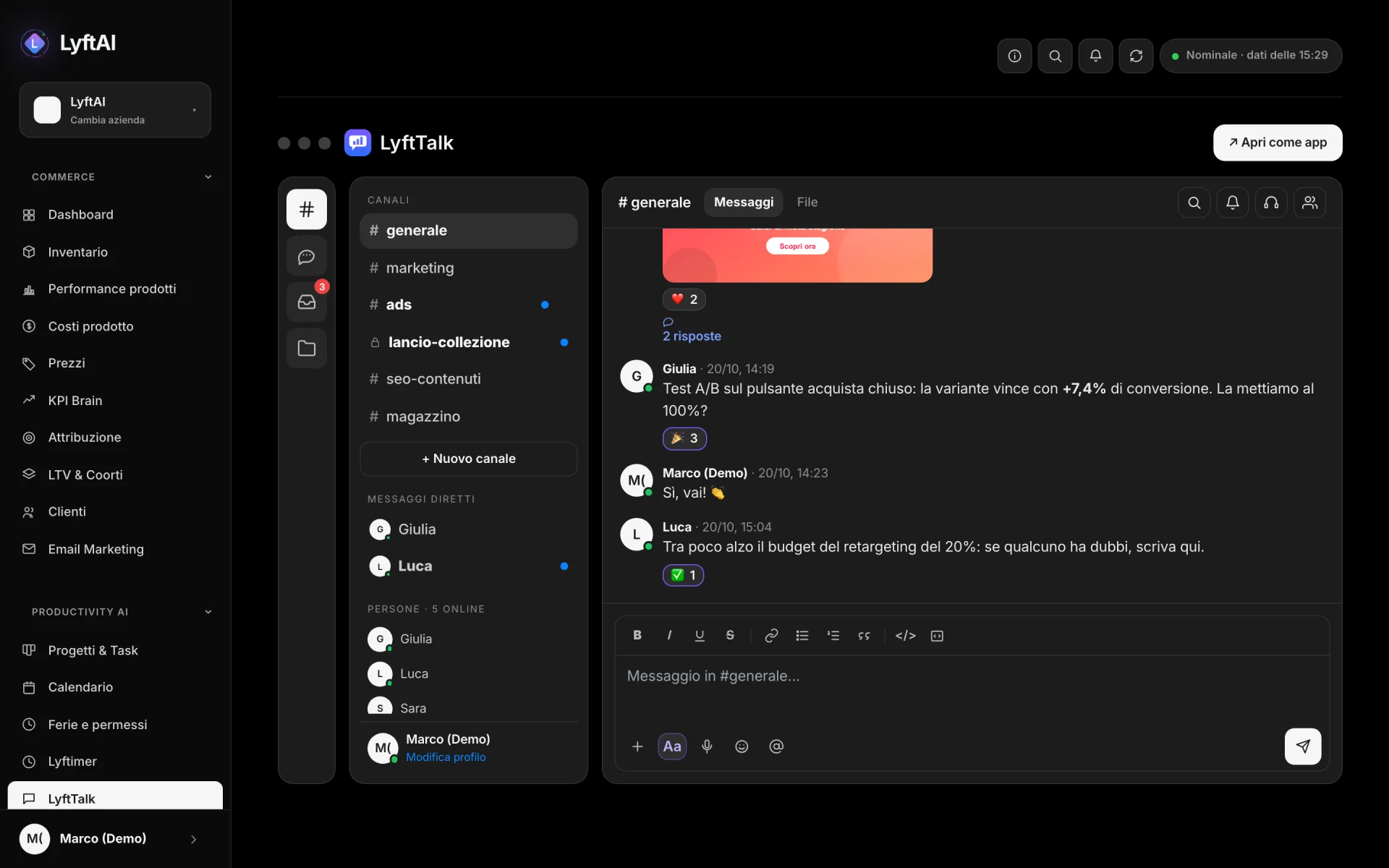LyftTalk — Canali, messaggi diretti, reazioni e file: la chat del team, con i numeri del negozio a portata di mano.