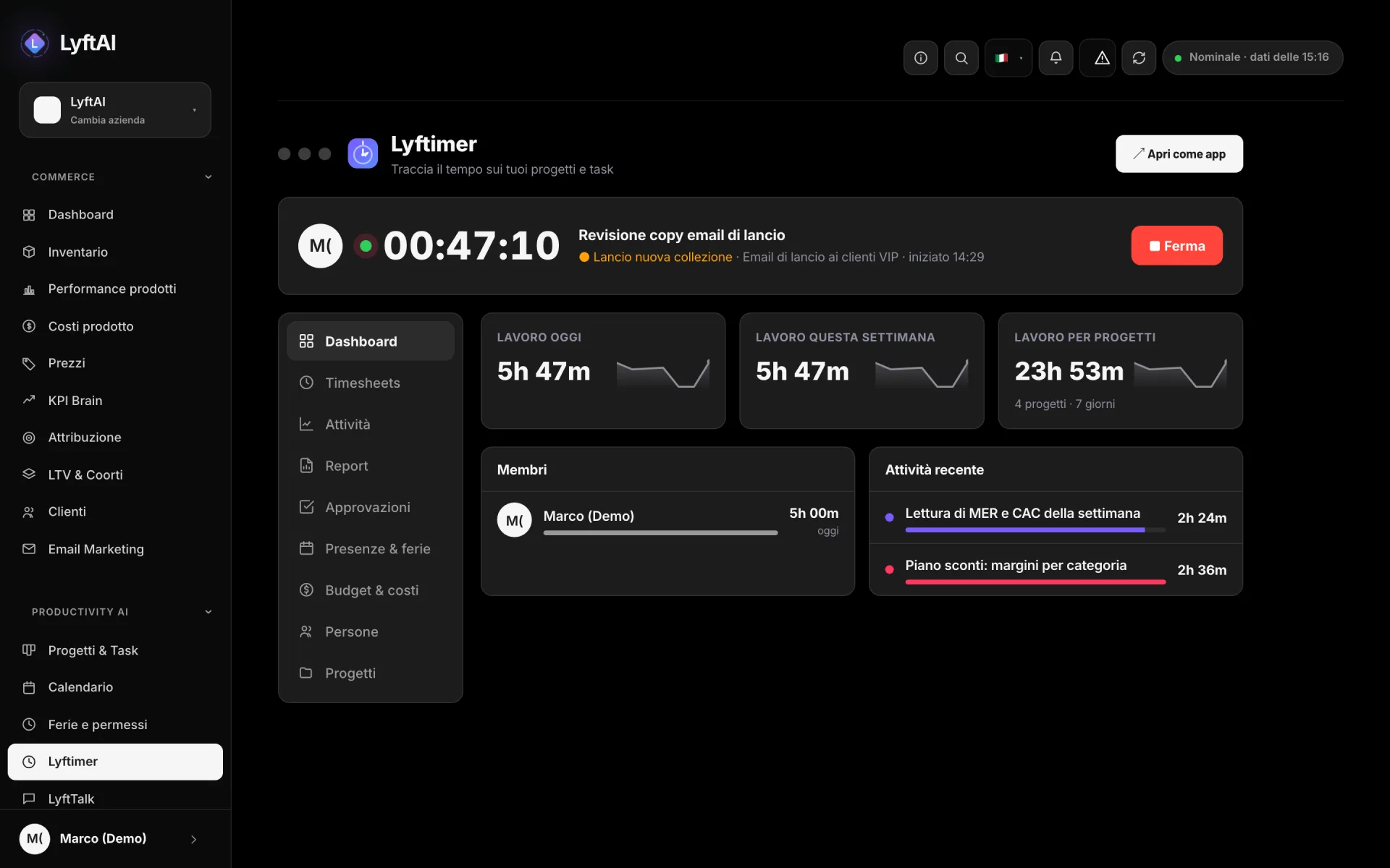 Lyftimer — Le ore di lavoro per persona e per progetto, con timesheet, approvazioni e report.